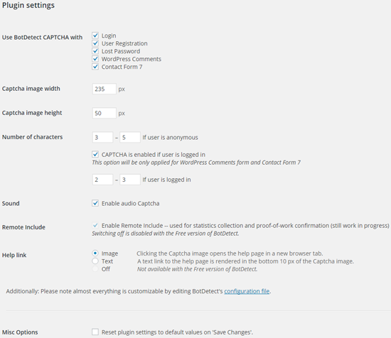 BotDetect PHP CAPTCHA WordPress Plugin: Captcha settings