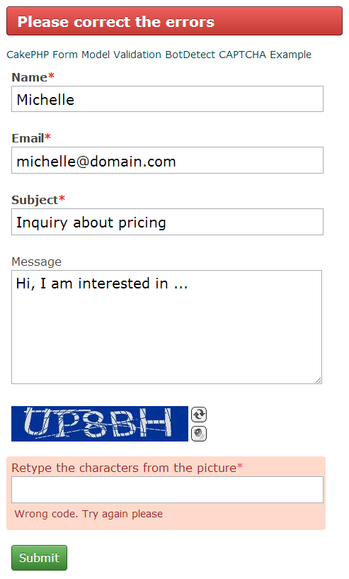 BotDetect CakePHP 2 CAPTCHA Form Model Captcha validation screenshot