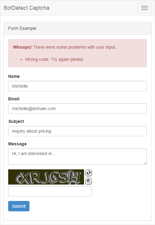 BotDetect Laravel 5.0 CAPTCHA Form Captcha validation screenshot
